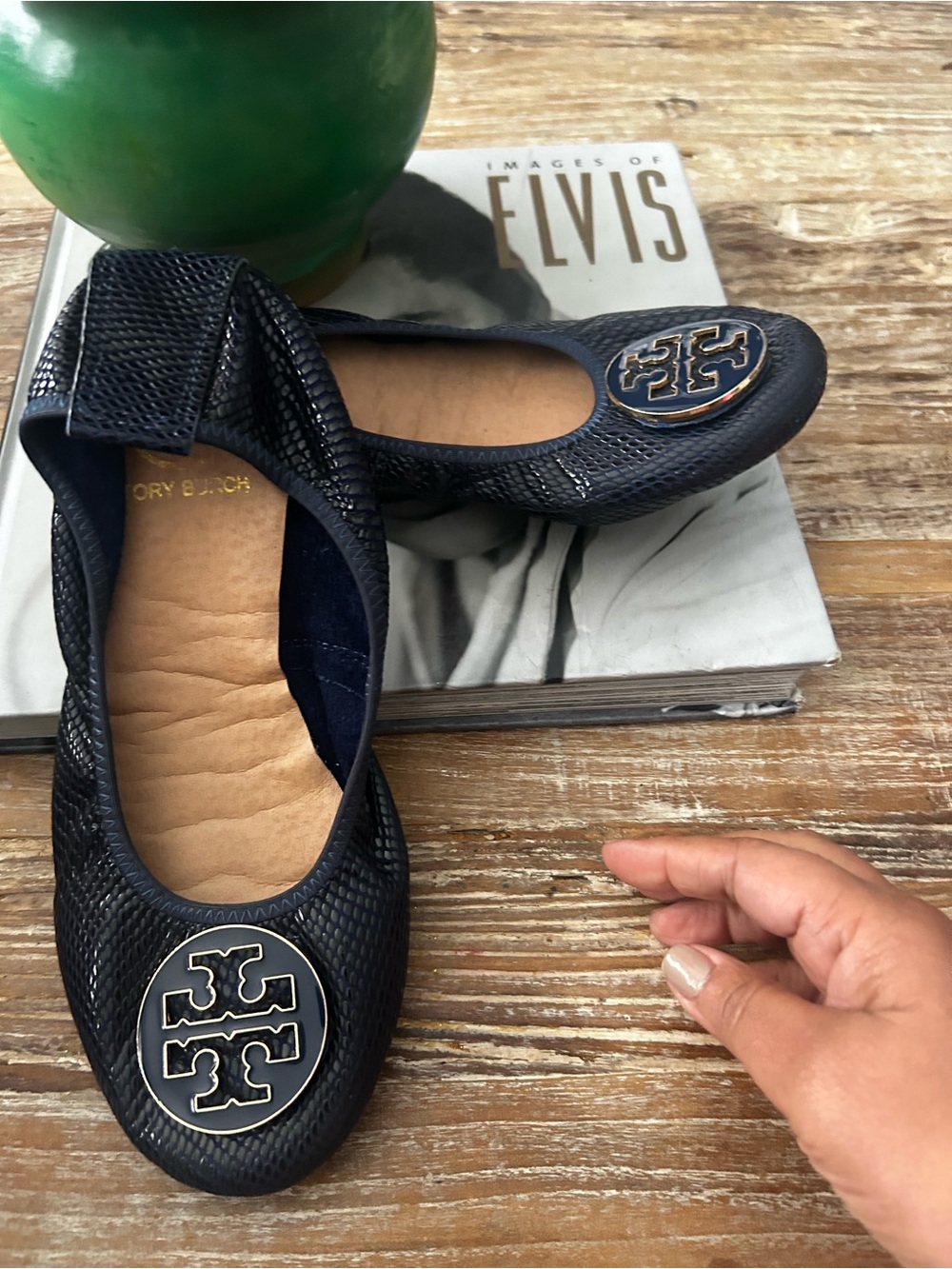 Tory Burch Navy Reva Snake-Embossed Ballet Flats